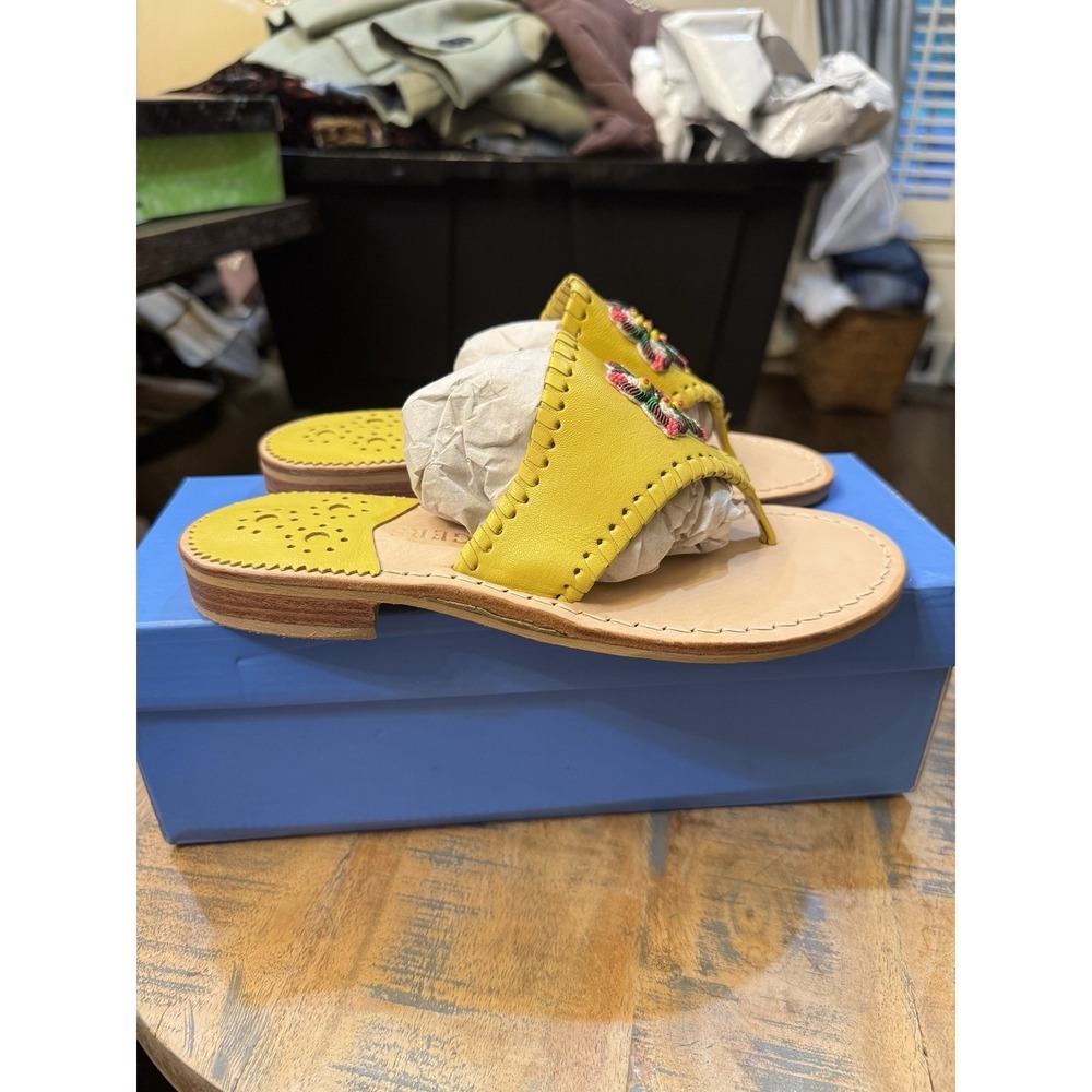 JACK ROGERS BEADED ICON SANDALS SLIDES NIB BOX SUNFLOWER YELLOW Size 5 M! - Picture 3 of 8